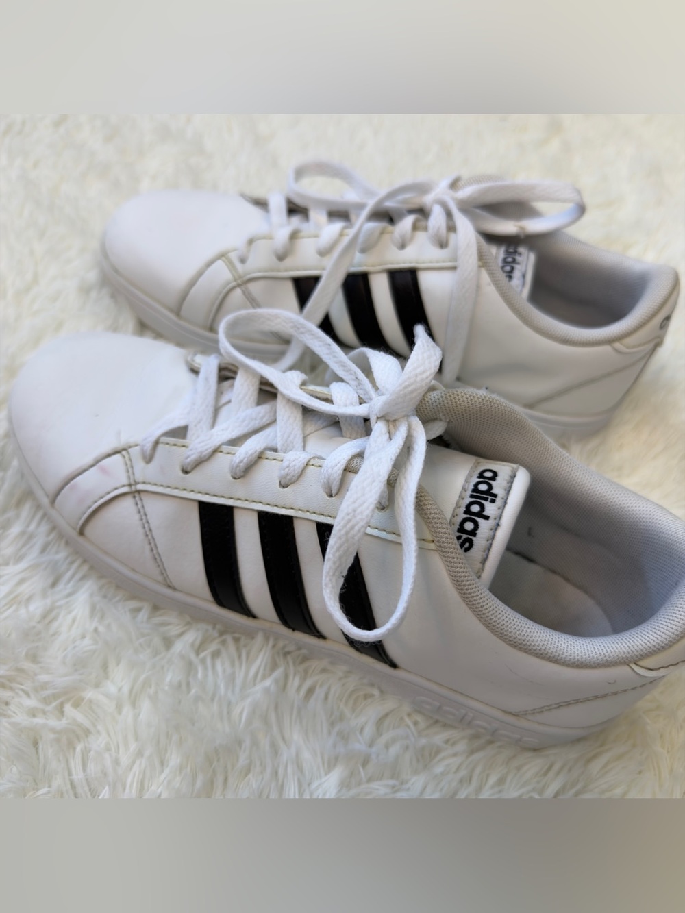 adidas Women’s White Leather Sneakers with Black Stripes Size 5